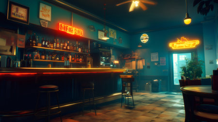 Cyberpunk bar interior with neon lights, counter, stools, tables and posters on the walls, at nightの素材