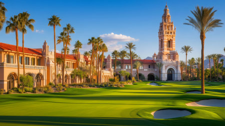 Lush green golf course at sunset with palm trees and beautiful Mission Revival style buildings in Californiaの素材