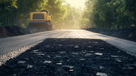Road roller compacting fresh asphalt on a sunny rural road construction siteの素材