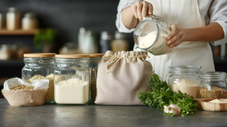 Chef pouring flour into reusable bag, surrounded by glass jars and bulk groceries, promoting a zero waste lifestyle in a modern kitchenの素材