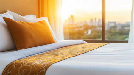 White sheets and orange cushions rest on a comfortable hotel bed with a city view at sunsetの素材