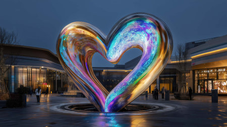 Large, illuminated, multicolored heart sculpture stands in a city center, glowing brightly at twilightの素材