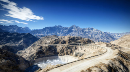 Water flowing from a hydroelectric dam in a mountainous landscape, generating renewable energyの素材