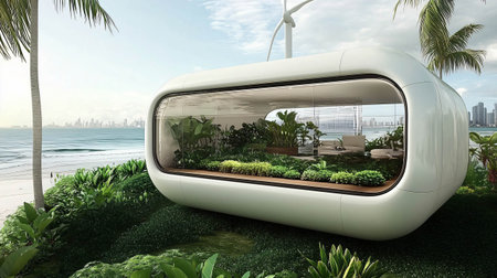 Modern, sustainable home integrating nature and technology, powered by wind and solar energy, offering ocean viewsの素材