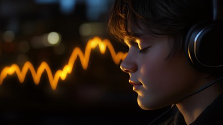 Young boy enjoying music with headphones, immersed in sound with glowing light waves, creating a serene atmosphereの素材