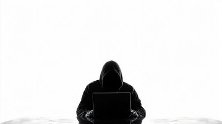 Silhouette of hacker using laptop, emphasizing anonymity and cybercrimeの素材