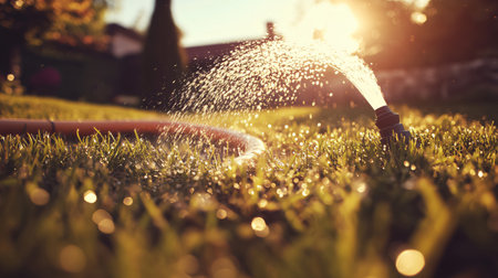 Water spraying from garden hose, watering grass lawn during golden hour sunsetの素材