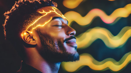 Serene man with closed eyes experiencing augmented reality, visualized by glowing light waves superimposed on his headの素材