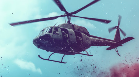 Military helicopter carrying soldiers during a training exercise, hovering in the airの素材