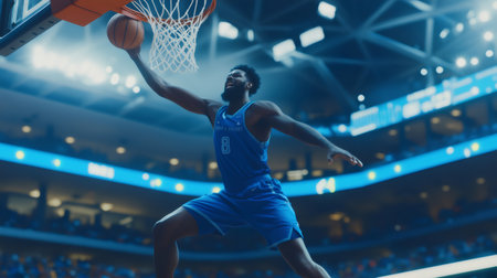Powerful basketball player performing a slam dunk during a professional game in a crowded arenaの素材