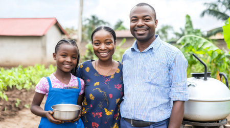 Smiling african family posing together in a rural village, representing family unity, community, and sustainable livingの素材
