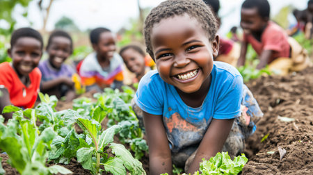 Group of smiling african children planting vegetables in a community garden, promoting teamwork, healthy eating, and sustainable agricultureの素材