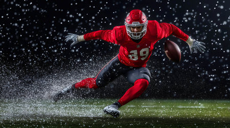 American football player running with the ball under heavy snowfall, wearing red uniform and helmet, playing on a green fieldの素材