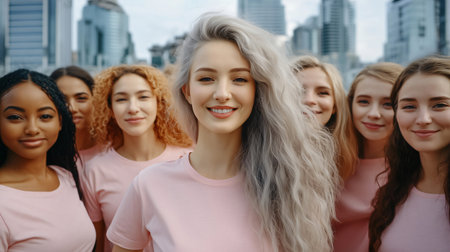 Diverse group of women is smiling outdoors, wearing pink shirtsの素材