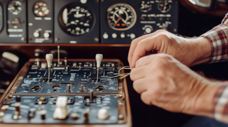 Close up of hands working on electrical wiring inside airplane cockpit, skilled technician performing maintenance on flight controlsの素材