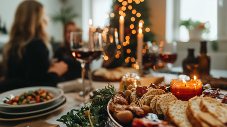 Family enjoying christmas dinner with burning candles and blurred christmas tree lights in backgroundの素材