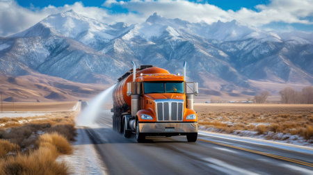 Orange truck spraying de icing liquid on a snowy highway during winter, with snowy mountains in backgroundの素材