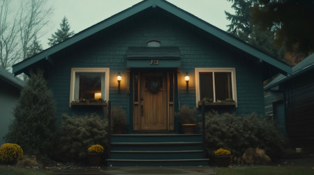 Inviting blue house with illuminated windows, a wooden door, and a welcoming wreath, exuding warmth and charm in the eveningの素材