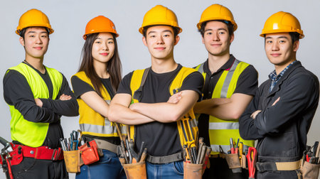 Five young construction workers wearing safety helmets and vests stand with arms crossed, ready to workの素材