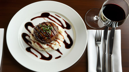 Grilled steak served on mashed potatoes with balsamic glaze reduction, accompanied by a glass of red wine, creating an elegant dining experienceの素材