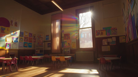Empty preschool classroom bathed in sunlight with small desks and children's drawingsの素材