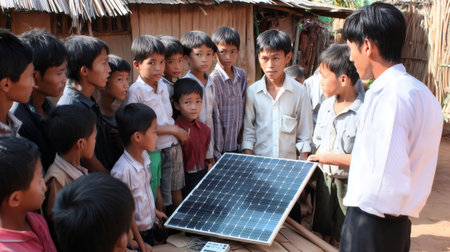 Cambodian students learning about renewable energy with their teacher and a solar panelの素材