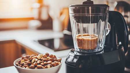 Ground nuts inside a blender and whole nuts in a bowl, placed on a kitchen counterの素材