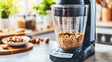 Modern blender grinds nuts and seeds, creating a healthy ingredient for various recipes in a minimalist style kitchenの素材