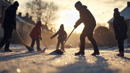 Family working together removing snow during sunset in winterの素材