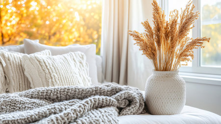 Cozy bedroom setting featuring a knitted blanket, textured cushions, and pampas grass in a vase, illuminated by autumn sunlightの素材