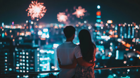 Romantic couple embracing and watching fireworks display over illuminated cityscape at night from rooftop balconyの素材