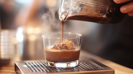 Barista is making a delicious affogato by pouring hot chocolate over vanilla ice creamの素材