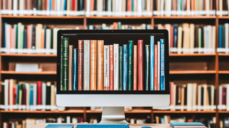 Computer is displaying a digital library of books in a bookstoreの素材
