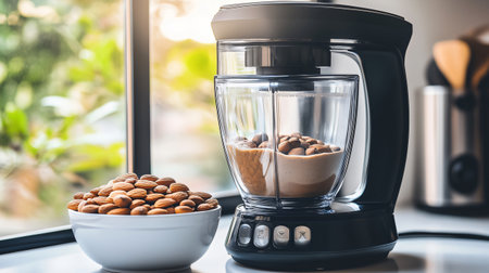 Modern blender is processing almonds into butter, next to a bowl of almonds, in a minimalist kitchen with a window viewの素材