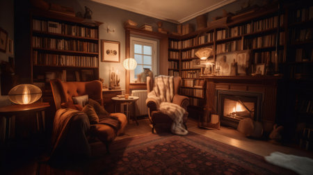Warm and inviting living room with a fireplace, bookshelves, and comfortable armchairs, creating a cozy atmosphereの素材