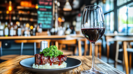 Delicious grilled beef steak served with mashed potatoes and red wine glass in a cozy restaurant atmosphereの素材