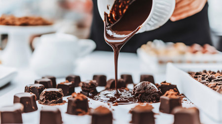 Pastry chef is pouring melted chocolate over chocolate candies on a white tableの素材