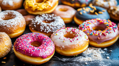 Delicious donuts covered in colorful sprinkles lying on dark backgroundの素材
