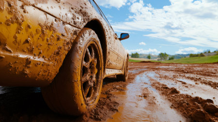Close up of a muddy car tire on a wet and muddy road, highlighting the challenging driving conditionsの素材