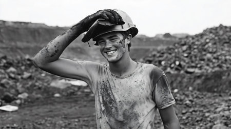 Young coal miner removing his helmet and smiling after work in a coal mineの素材