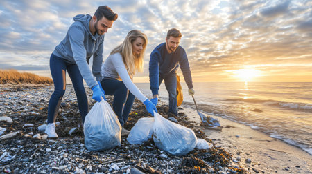 Three volunteers are picking up trash on the beach and putting it in garbage bagsの素材