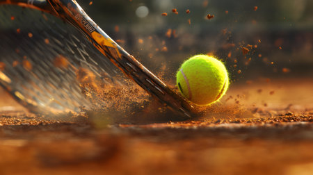 Close up of tennis racket hitting ball on clay court, kicking up dustの素材