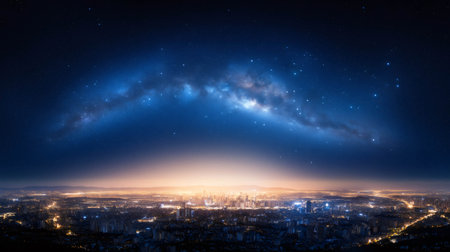 Stunning panoramic view of a vibrant cityscape illuminated at night under the mesmerizing glow of the milky way galaxyの素材