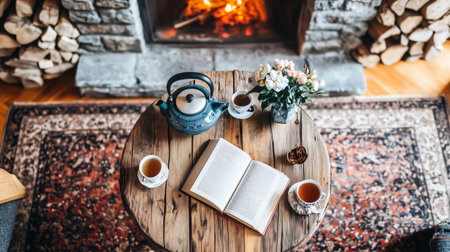 Warm tea, an open book, and a crackling fireplace create a cozy atmosphere on a winter eveningの素材