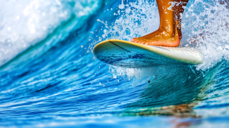 Surfer's feet balancing on surfboard while riding blue ocean waveの素材