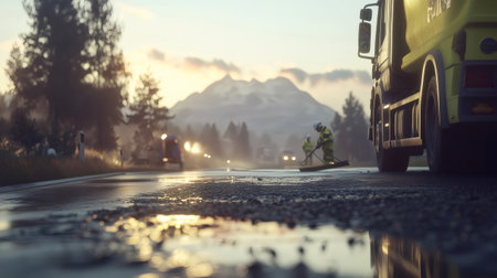 Road construction workers paving a road with hot asphalt during sunset in a mountain landscapeの素材