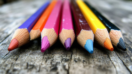 Vibrant colored pencils arranged on a weathered wooden surface, showcasing a spectrum of artistic possibilitiesの素材