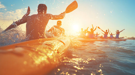 Athletes paddling kayaks at sunset, demonstrating teamwork and enjoying watersportsの素材