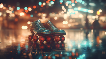 Classic roller skates reflecting on wet asphalt at night with city lights bokehの素材