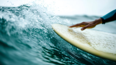 Surfer balancing on surfboard while riding ocean wave, with hand touching the board for stabilityの素材